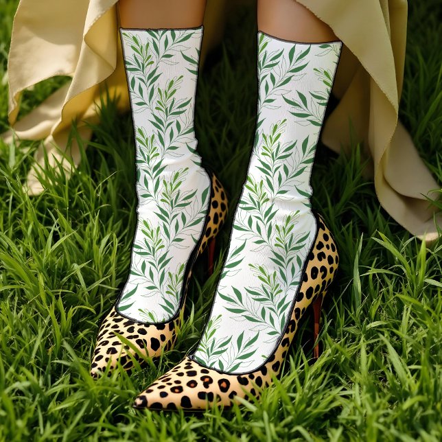 Calcetines Patrón De Foliage De Verdor Elegante Verde Y Blanc (Subido por el creador)