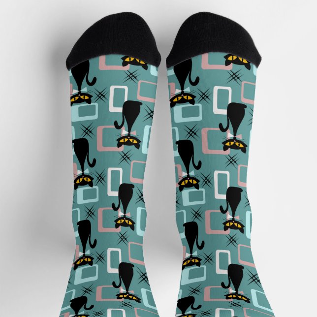 Calcetines Patrón de gato negro de Mid Century (Arriba)