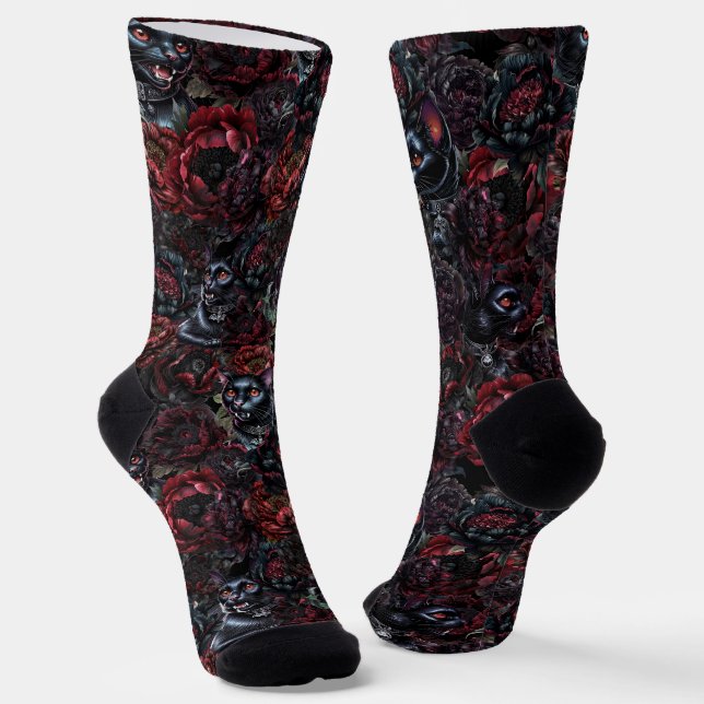 Calcetines Patrón de gato negro gótico y flores oscuras (Angular)