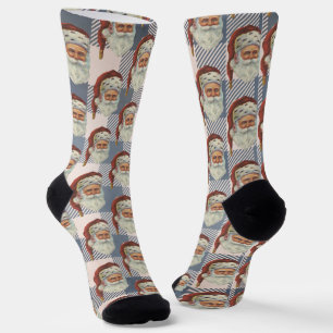 Calcetines Patrón de Gingham Azul Blanco Santa Vintage