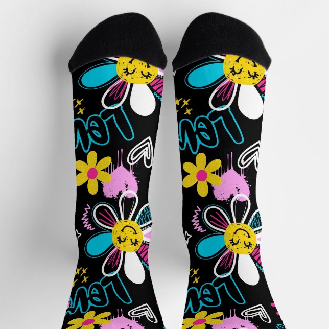 Calcetines Patrón de Grafiti de Flor Sonriente Colorida (Arriba)