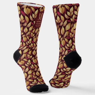 Calcetines Patrón de hojas de otoño de brillo dorado y granat