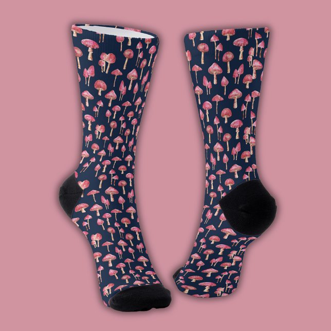 Calcetines Patrón de hongo rosa (Pink mushroom navy blue patterned socks)