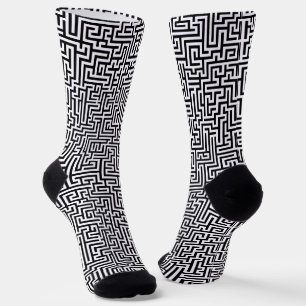 Calcetines Patrón de laberinto geométrico negro sobre blanco