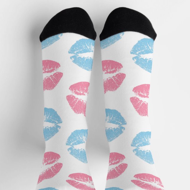 Calcetines Patrón de labios azules y rosas, lápiz labial, bes (Arriba)