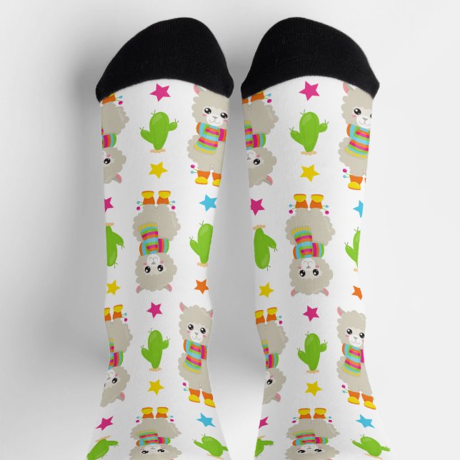 Calcetines Patrón De Llamas, Llamas Cutas, Alpacas, Cactus (Arriba)