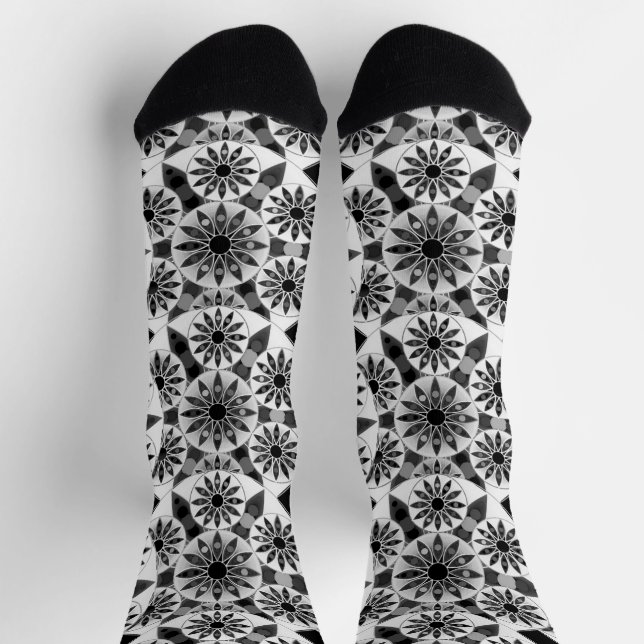 Calcetines Patrón de Mandala, negro, blanco y gris / gris (Arriba)