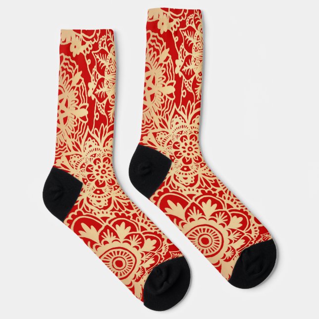 Calcetines Patrón de mandala rojo y dorado (Derecha)