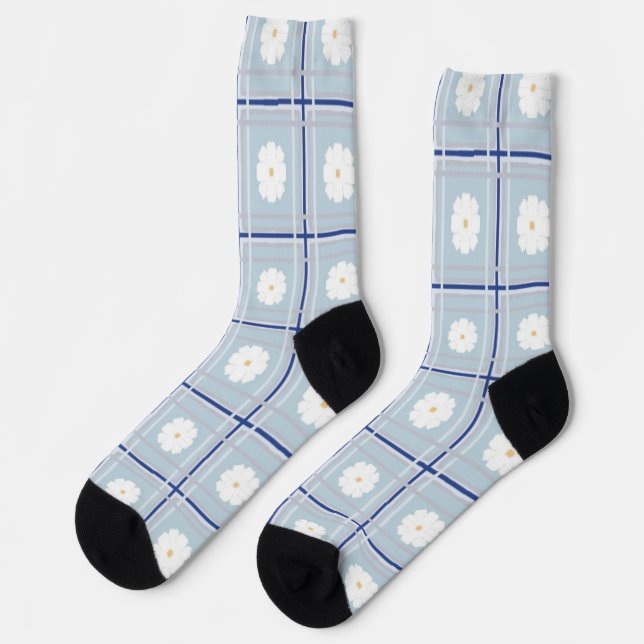 Calcetines Patrón de margarita de cuadros azules (Izquierda)