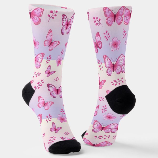Calcetines Patrón de mariposas y flores rosadas (Angular)