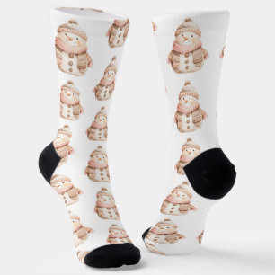 Calcetines Patrón de muñecos de nieve en acuarela rosa y blan