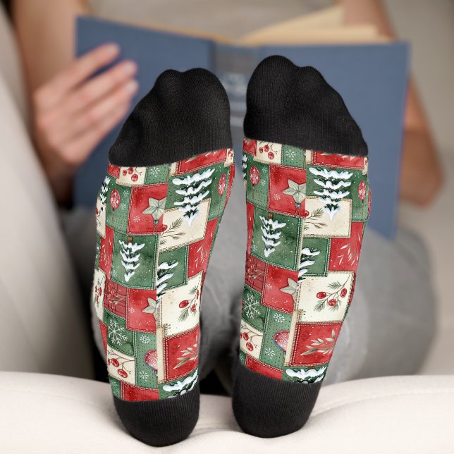 Calcetines Patrón de Navidad de patchwork campestre (Abajo)