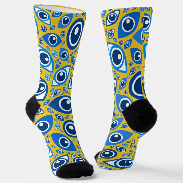Calcetines Patrón de ojos malvados griegos azul en amarillo (Angular)