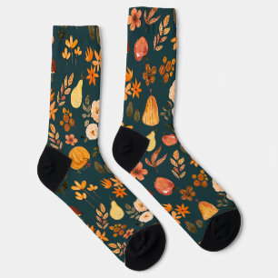 Calcetines patrón de otoño marrón naranja en verde helecho pr