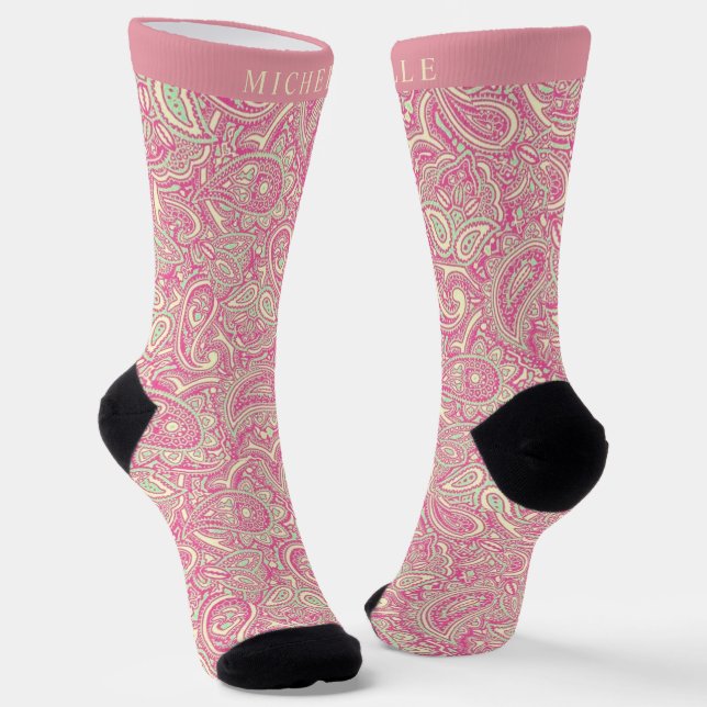 Calcetines Patrón de paisley amarilla verde rosa personalizad (Angular)