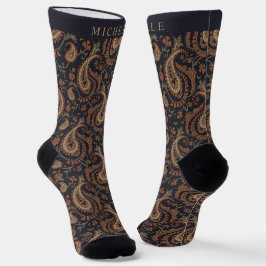 Calcetines Patrón de paisley beige azul oscuro personalizado