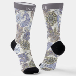 Calcetines Patrón de paisley blanca gris azul personalizado