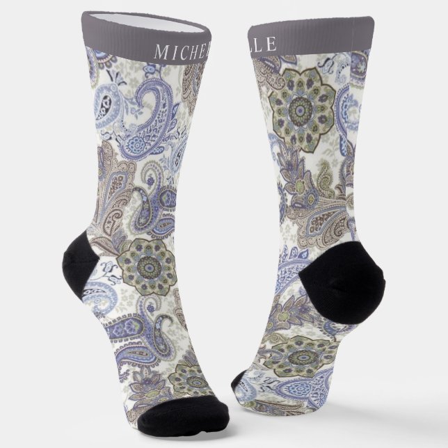 Calcetines Patrón de paisley blanca gris azul personalizado (Angular)