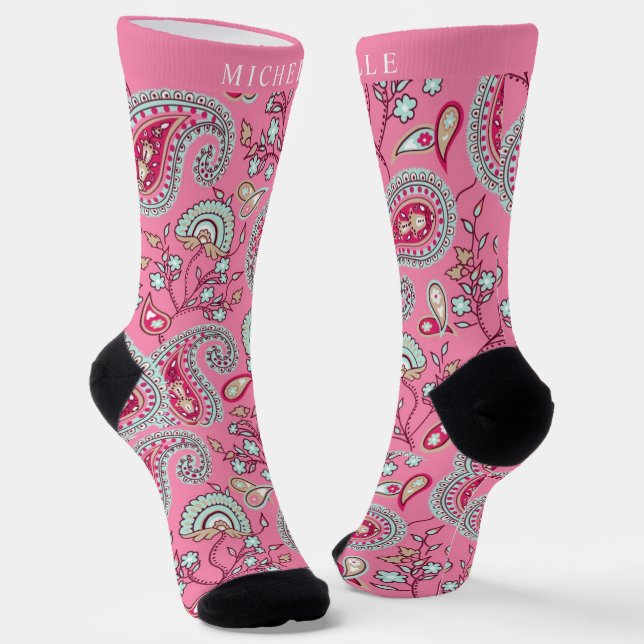 Calcetines Patrón de paisley blanco azul rosado personalizado (Angular)