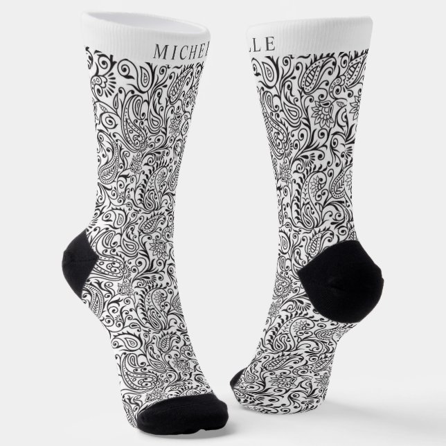 Calcetines Patrón De Paisley Blanco Y Negro personalizado (Angular)