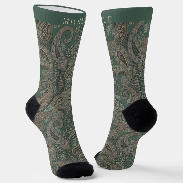 Calcetines Patrón de paisley gris verde oscuro claro personal (Angular)