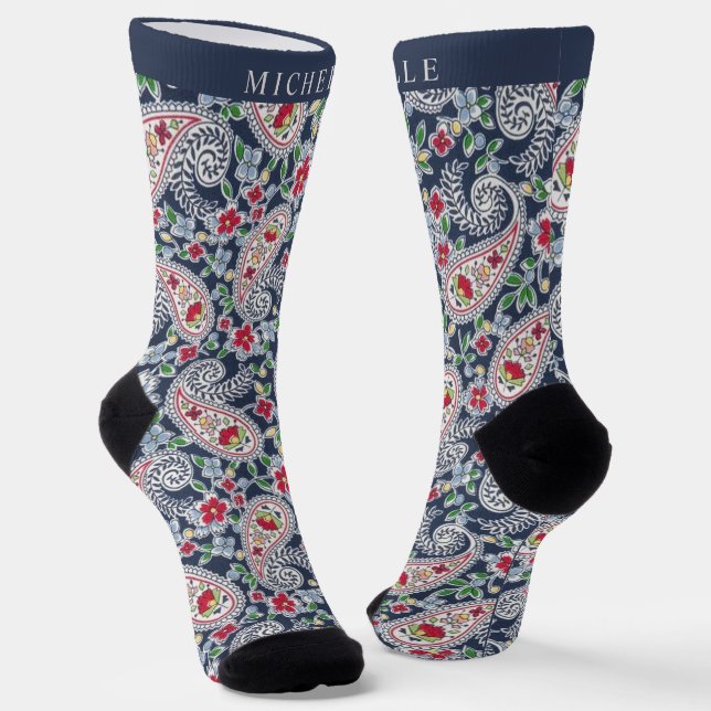 Calcetines Patrón de paisley rojo azul blanco personalizado (Angular)