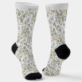 Calcetines Patrón de paisley verde gris blanco personalizado