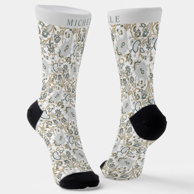 Calcetines Patrón de paisley verde gris blanco personalizado (Angular)