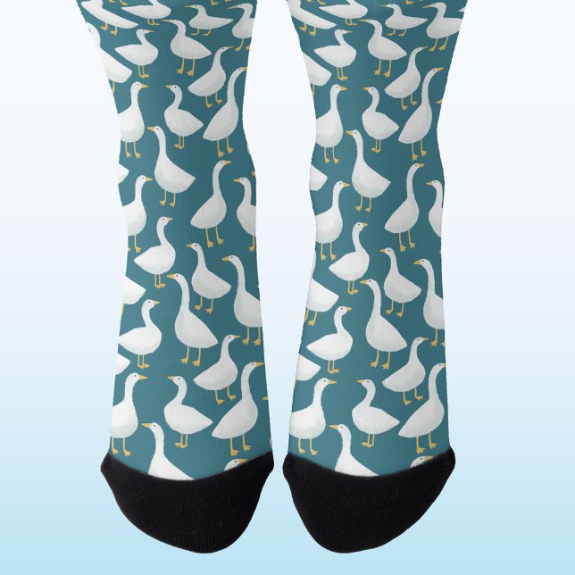 Calcetines Patrón de pájaro ganso verde turquesa (Goose geese pattern socks for farmers and bird lovers)