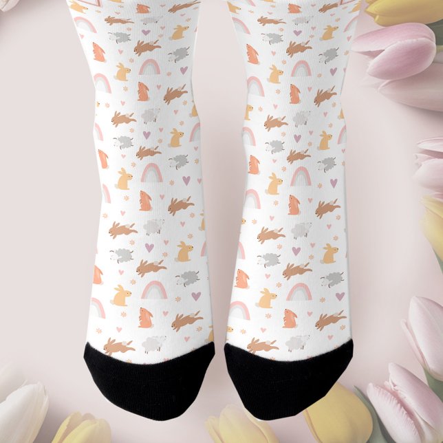Calcetines Patrón de pascua de cordero conejito mono zócalos  (Cute Bunny Lamb Easter Pattern Monogram Socks)