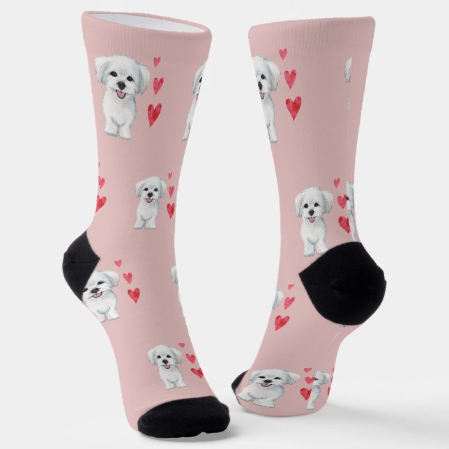 Calcetines Patrón de perro blanco maltés en rosa (Angular)