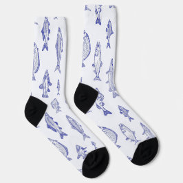 Calcetines Patrón de pez azul sobre blanco río arriba