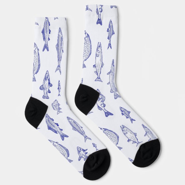 Calcetines Patrón de pez azul sobre blanco río arriba (Derecha)