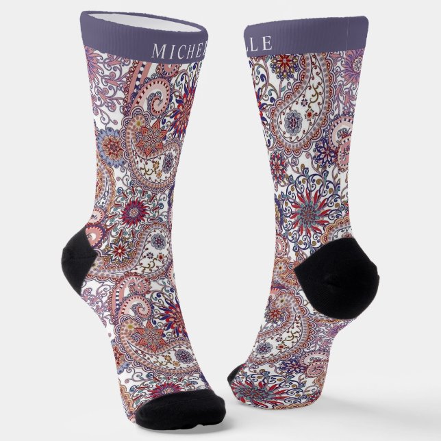 Calcetines Patrón de PInk azul personalizado Púrpura Paisley (Angular)
