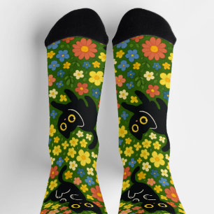Calcetines Patrón de prado floral con gatos negros lindos