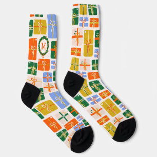 Calcetines Patrón de presentación navideña con monograma