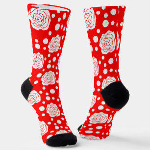 Calcetines Patrón de puntos de Polka Floral Blanco Rojo