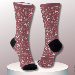 Calcetines Patrón de Reno de Navidad Rojo con Texto