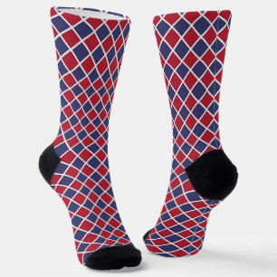 Calcetines Patrón de rombo arlequín de cuadros rojo azul blan