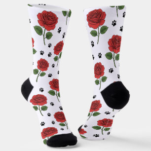 Calcetines Patrón de Rosas Rojas y Huellas de Cachorro