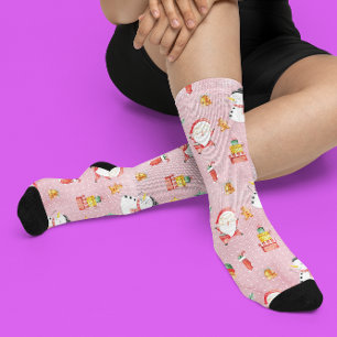 Calcetines Patrón de Santa Claus de muñeco de nieve rosa fest