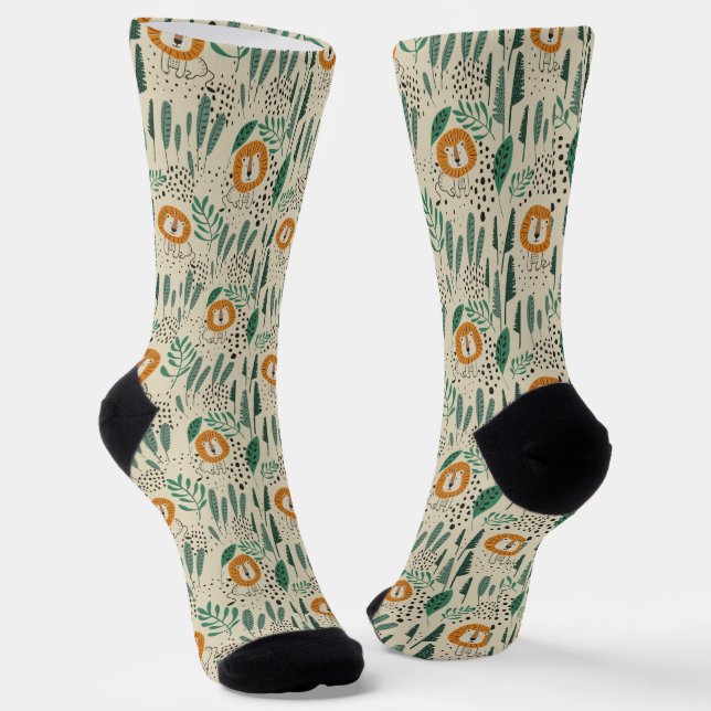 Calcetines Patrón de selva tropical de león de Doodle lindo (Angular)