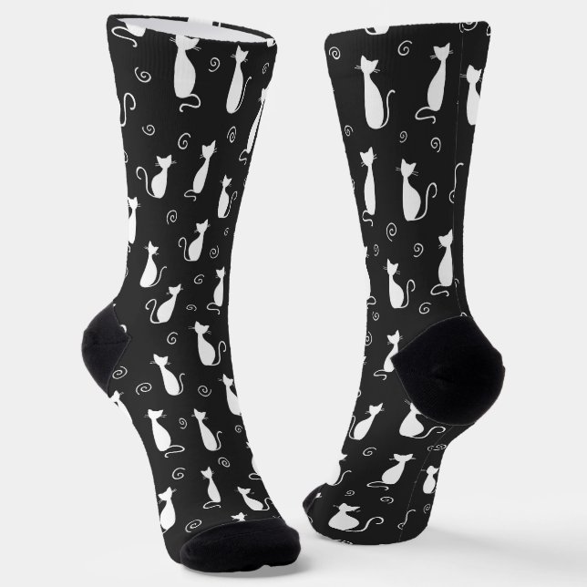 Calcetines Patrón de silueta de gato blanco negro (Angular)