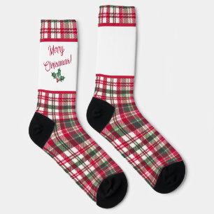 Calcetines Patrón de tartán y flores de acebo feliz navidad