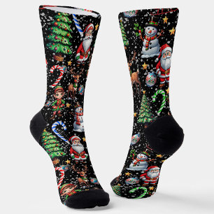Calcetines Patrón decorativo de Navidad con fondo negro