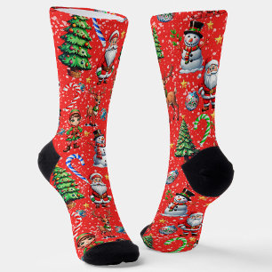 Calcetines Patrón decorativo de Navidad con fondo rojo