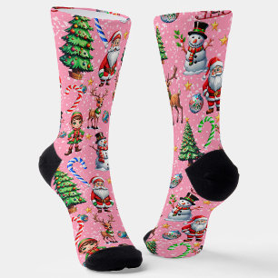 Calcetines Patrón decorativo de Navidad con fondo rosa