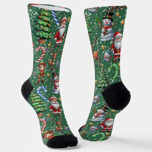 Calcetines Patrón decorativo de Navidad con fondo verde