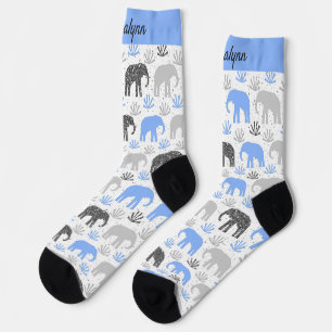 Calcetines Patrón elefante purpurinoso azul gris con nombre