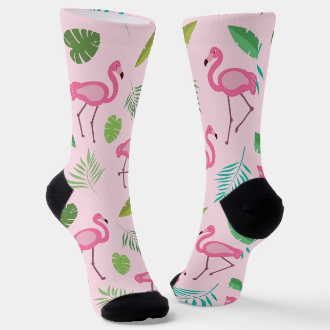 Calcetines Patrón Flamingo Rosa con hojas tropicales (Angular)
